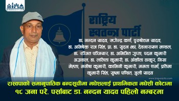 रास्वपाको समानुपातिक बन्दसूचीमा मधेशलाई प्राथमिकता १८ जना परे मधेशी काेटामा पर्साबाट डा. नन्दन यादव पहिलो नम्बरमा (भिडियाे सहित)